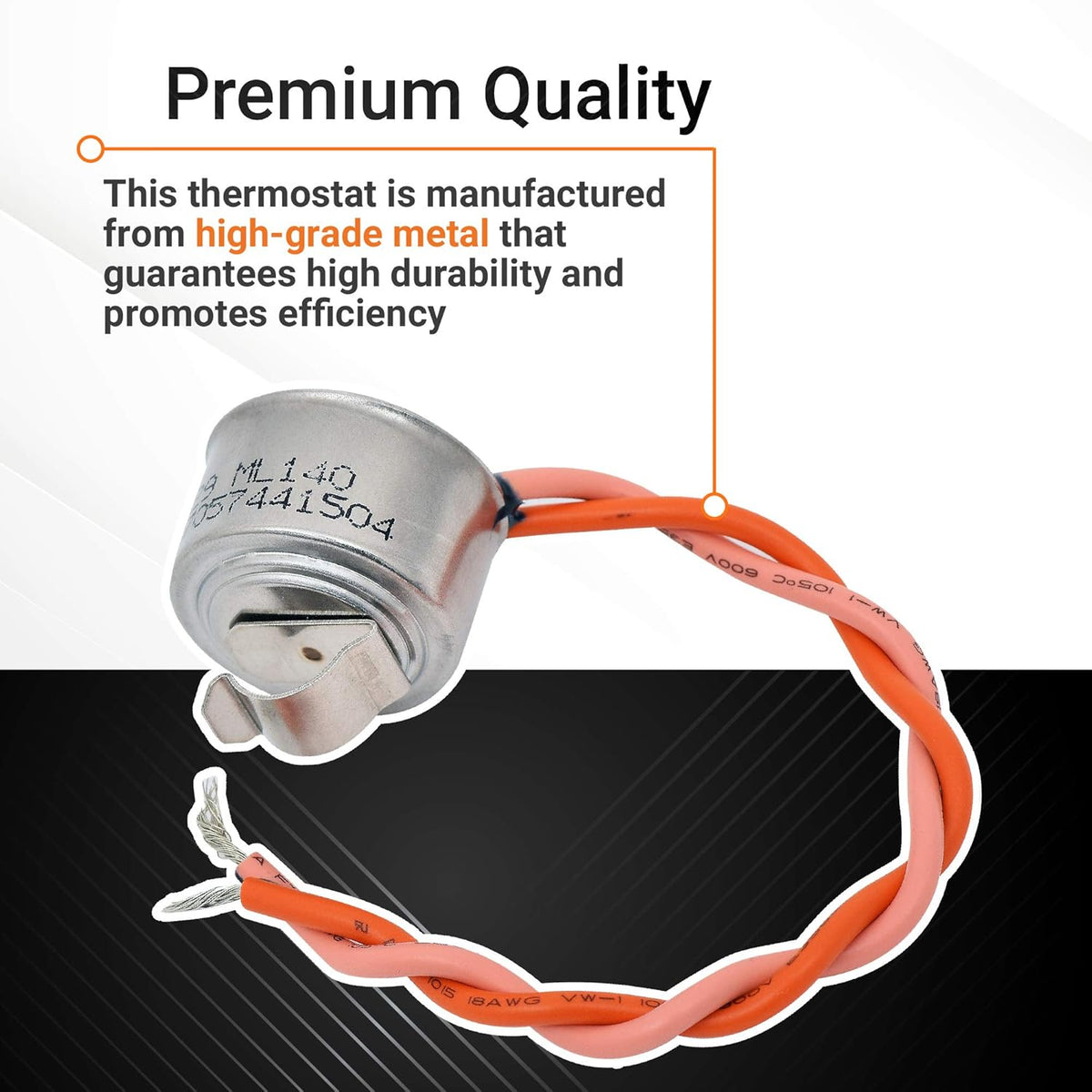 WR50X10068 refrigerator defrost thermostat with metal housing and orange wire leads, premium quality graphic overlay.
