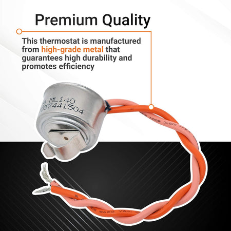 WR50X10068 refrigerator defrost thermostat with metal housing and orange wire leads, premium quality graphic overlay.