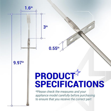 Oven temperature sensor probe with technical dimension specifications and measurements for Frigidaire and Kenmore ranges.