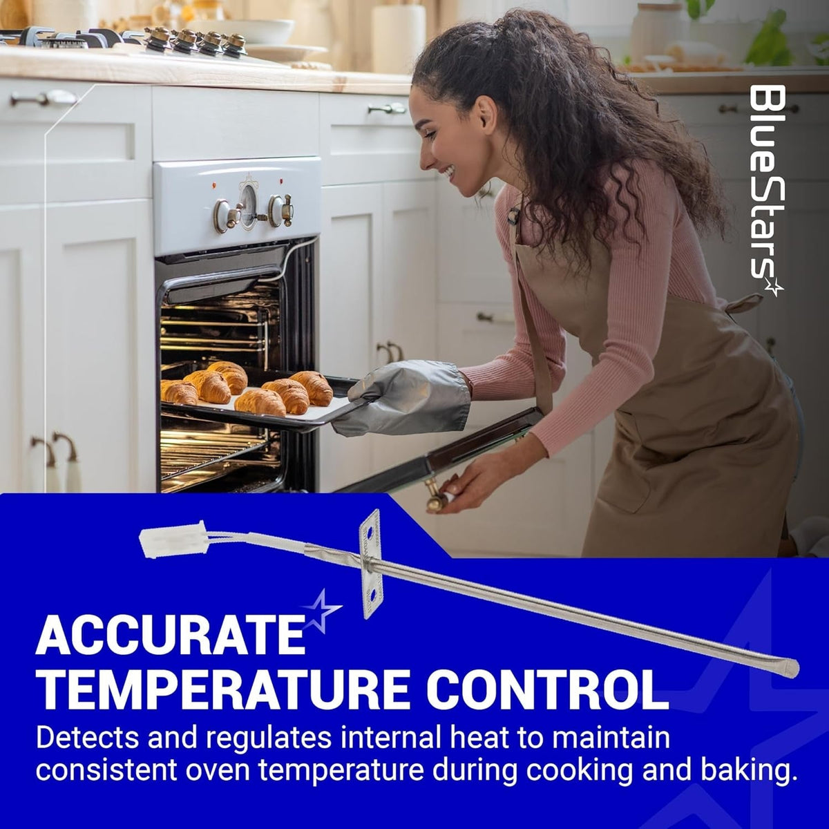 Oven temperature sensor probe for Frigidaire and Kenmore ranges shown with lifestyle graphic and installation details.