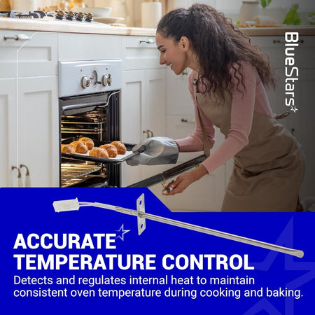 Oven temperature sensor probe for Frigidaire and Kenmore ranges shown with lifestyle graphic and installation details.