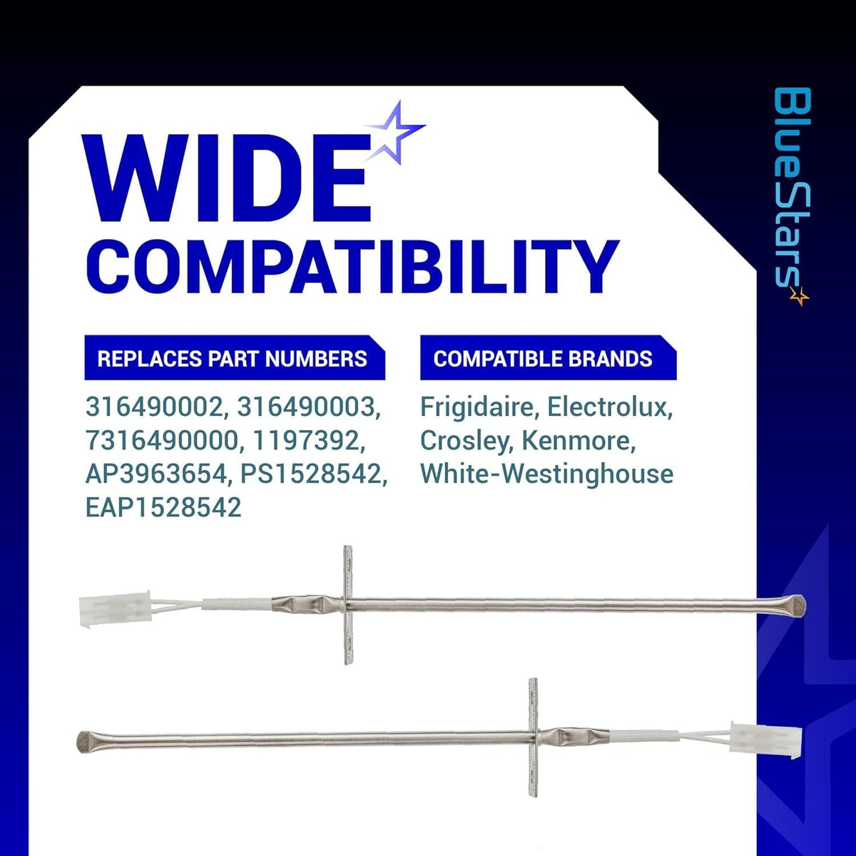 Infographic showing two oven temperature sensor probes with compatibility list and replacement part numbers.