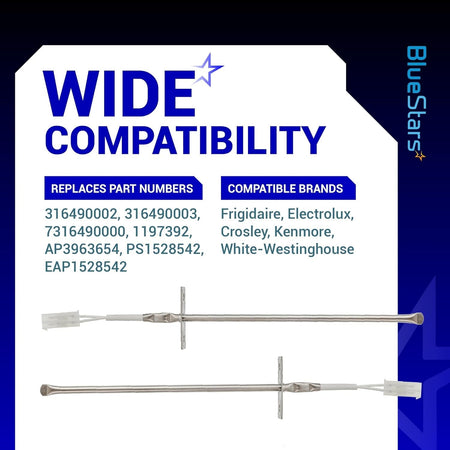 Infographic showing two oven temperature sensor probes with compatibility list and replacement part numbers.