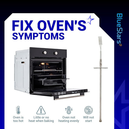 Infographic showing oven temperature sensor probe and common range repair symptoms.