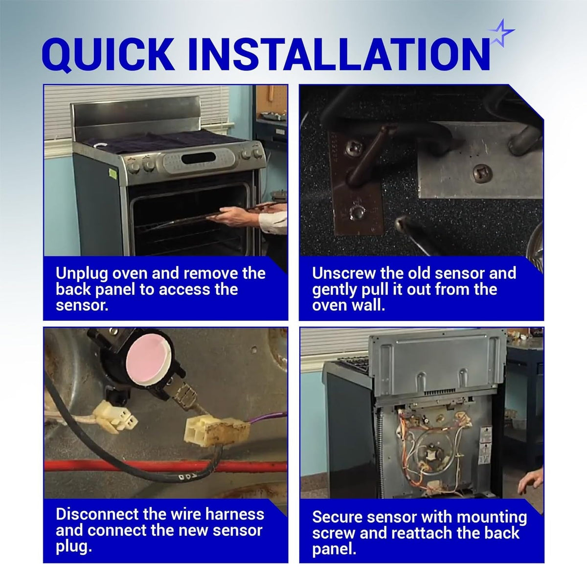 Four-step installation guide for replacing an oven temperature sensor on Frigidaire and Kenmore ranges.