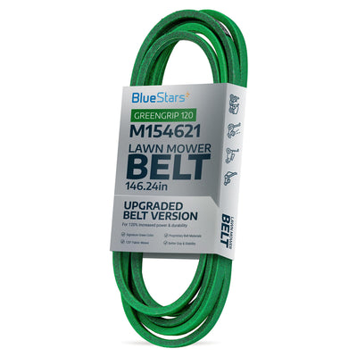 BlueStars M154621 green replacement mower belt in branded packaging for John Deere lawn tractors and zero-turn mowers.