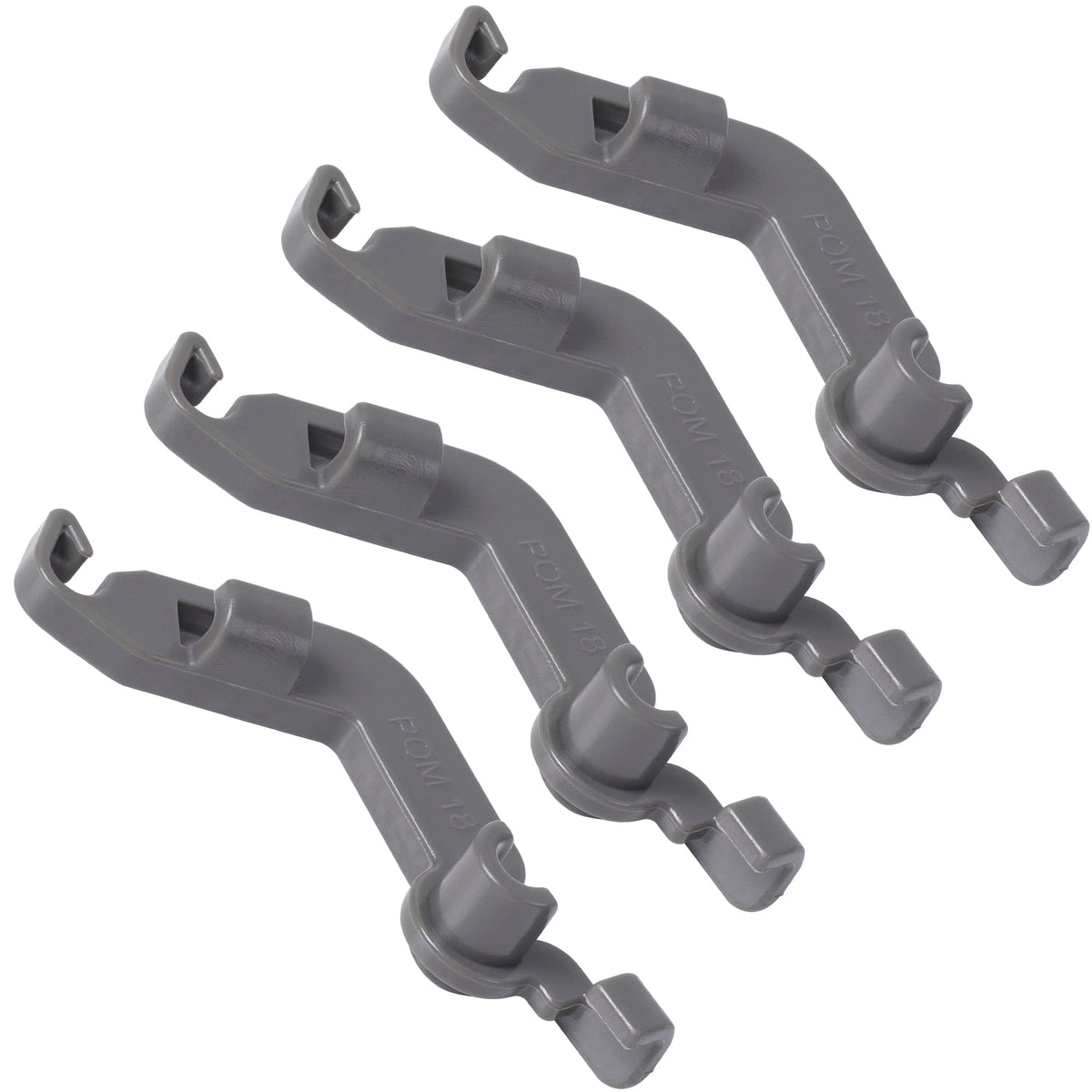 Set of four grey W10082853 dishwasher tine pivot clips for Whirlpool, Kenmore, and KitchenAid dishwashers.