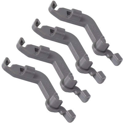 Set of four grey W10082853 dishwasher tine pivot clips for Whirlpool, Kenmore, and KitchenAid dishwashers.