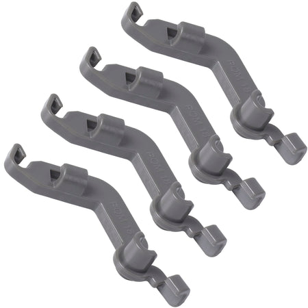 Set of four grey W10082853 dishwasher tine pivot clips for Whirlpool, Kenmore, and KitchenAid dishwashers.