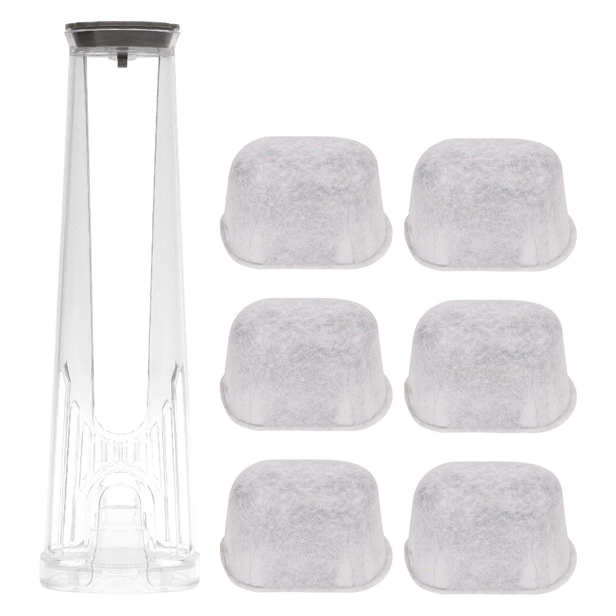 Tall handle water filter holder and six replacement charcoal filters for Keurig coffee makers.