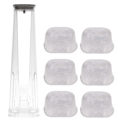 Tall handle water filter holder and six replacement charcoal filters for Keurig coffee makers.