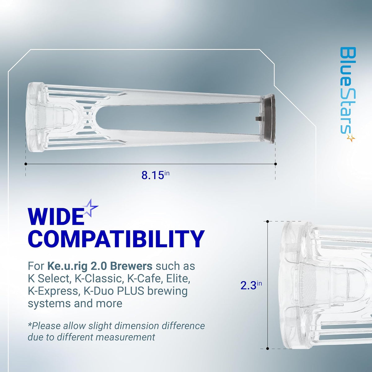 Tall handle water filter holder for Keurig brewers showing 8.15-inch length and 2.3-inch width dimensions.