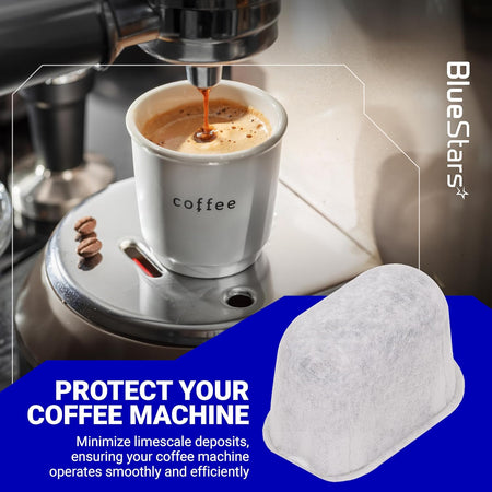 Replacement water filter cartridge for Keurig coffee makers shown with a brewing machine background.