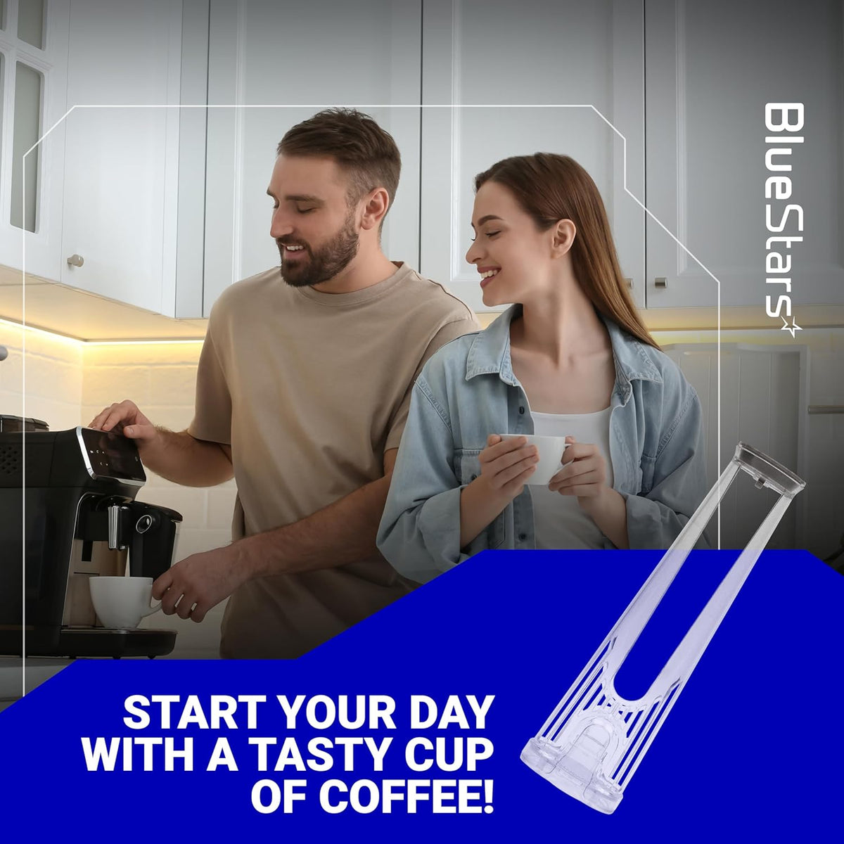 Tall handle water filter holder for Keurig coffee makers shown in a lifestyle kitchen setting.