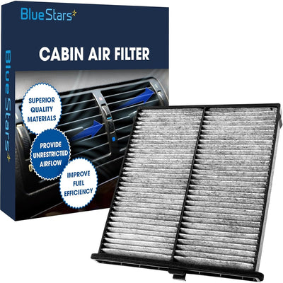 Blue Stars CF11811 activated carbon cabin air filter in front of its branded product packaging box.