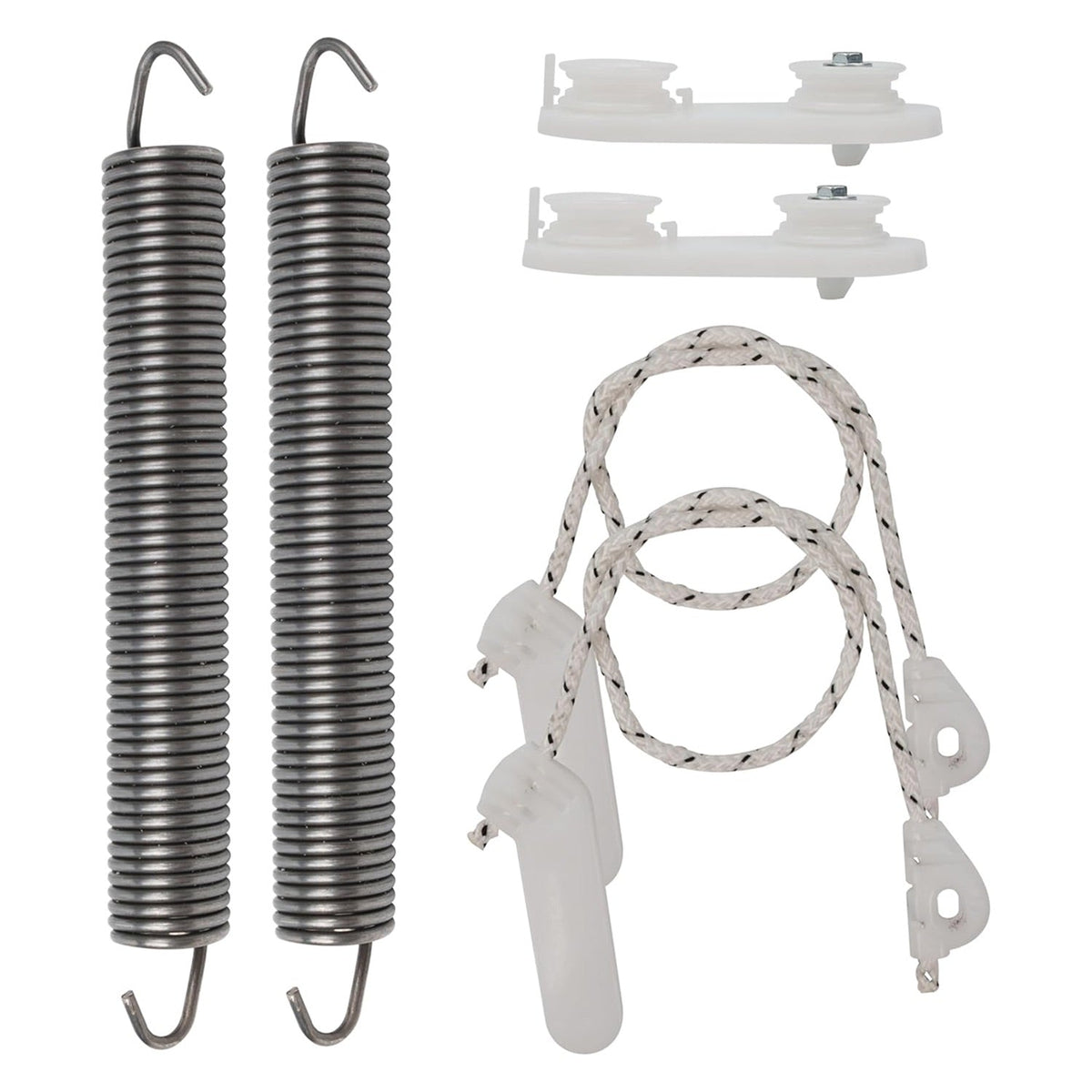 Dishwasher door balance link kit with two metal springs, two white plastic pulleys, and two door cables.