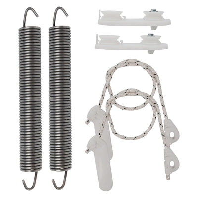 Dishwasher door balance link kit with two metal springs, two white plastic pulleys, and two door cables.