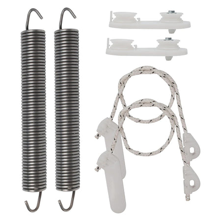 Dishwasher door balance link kit with two metal springs, two white plastic pulleys, and two door cables.