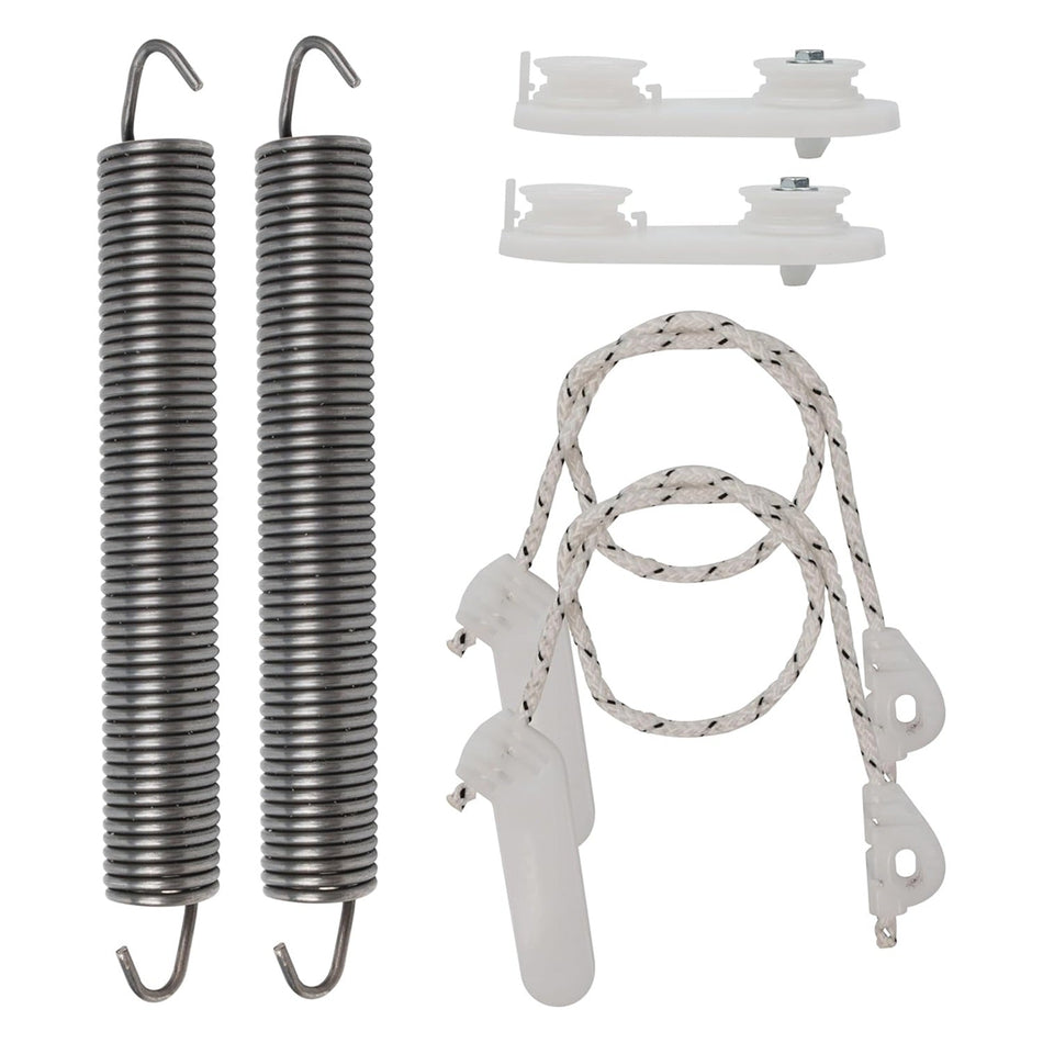 Dishwasher door balance link kit with two metal springs, two white plastic pulleys, and two door cables.