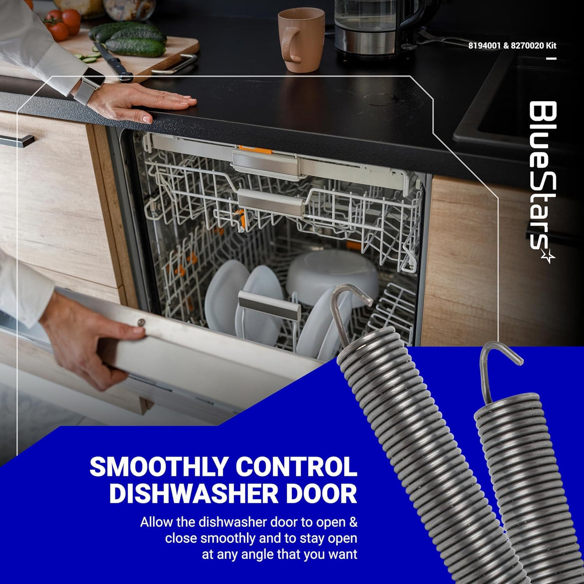 Replacement dishwasher door springs for Kenmore, Whirlpool, and KitchenAid dishwashers.