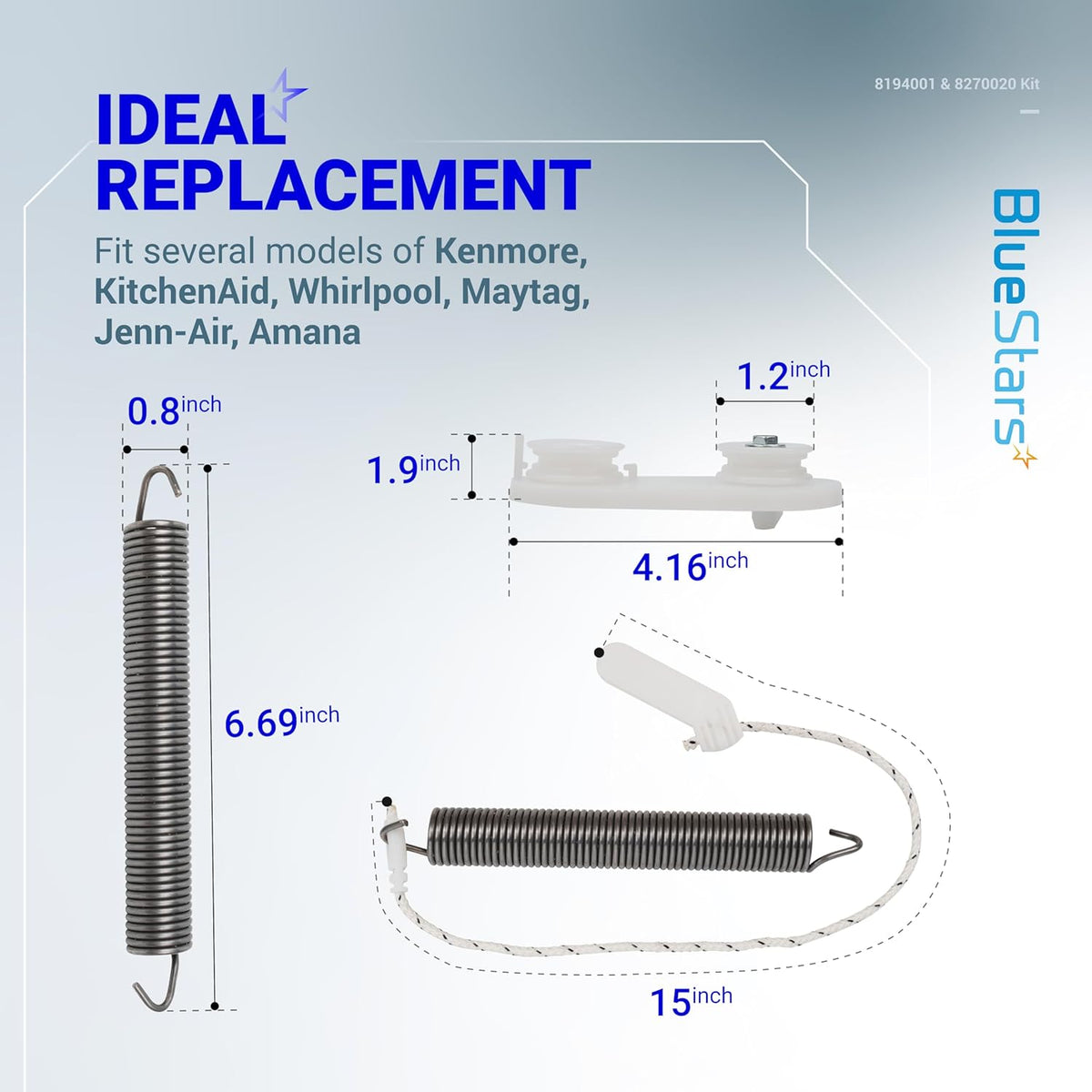 Dimensional diagram of dishwasher door balance link and spring kit for Kenmore, Whirlpool, and KitchenAid dishwashers.