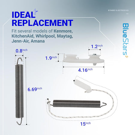Dimensional diagram of dishwasher door balance link and spring kit for Kenmore, Whirlpool, and KitchenAid dishwashers.