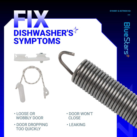 Dishwasher door balance link and spring kit for Kenmore, Whirlpool, and KitchenAid dishwashers.