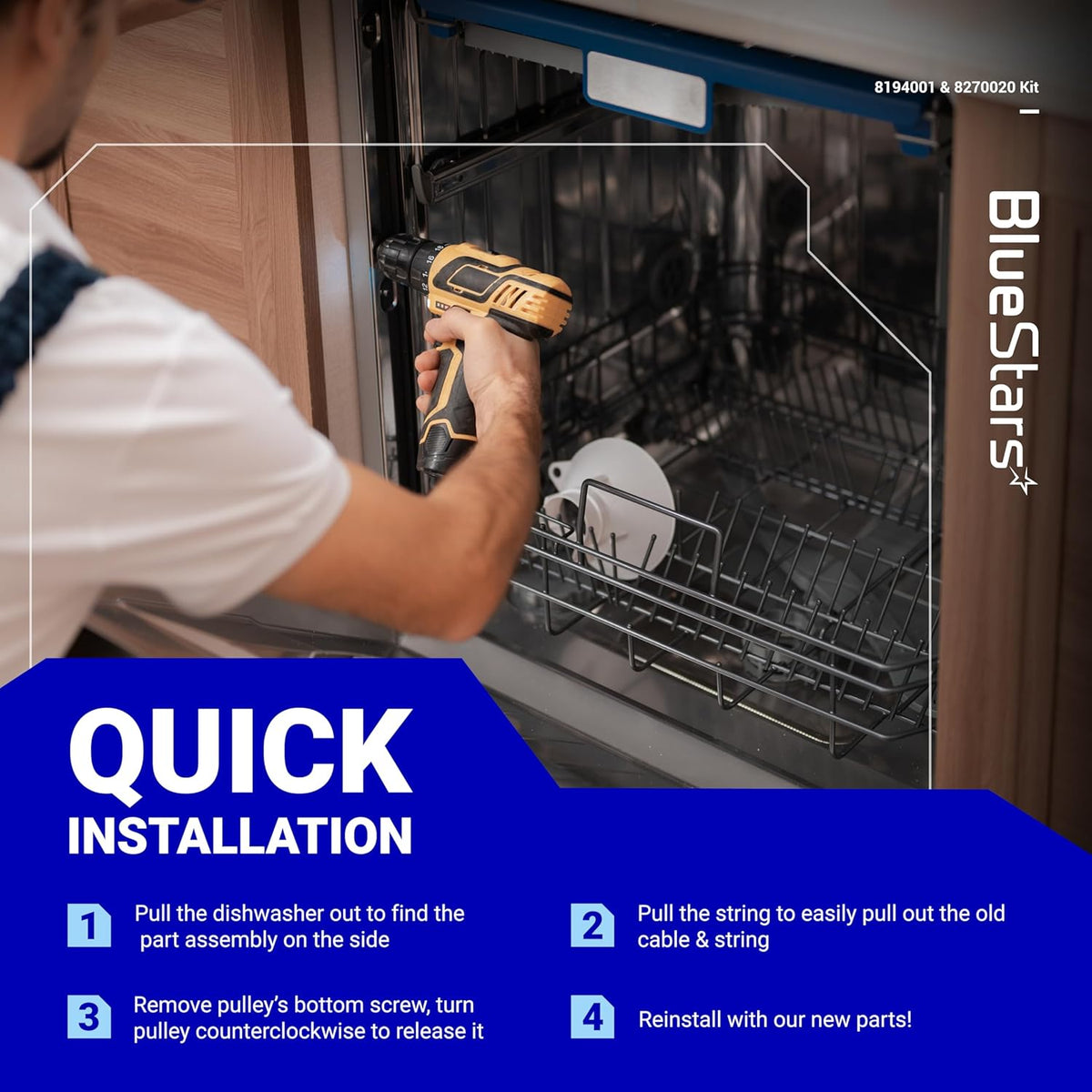 Technician installing dishwasher door balance link kit and spring with drill, showing quick installation steps.