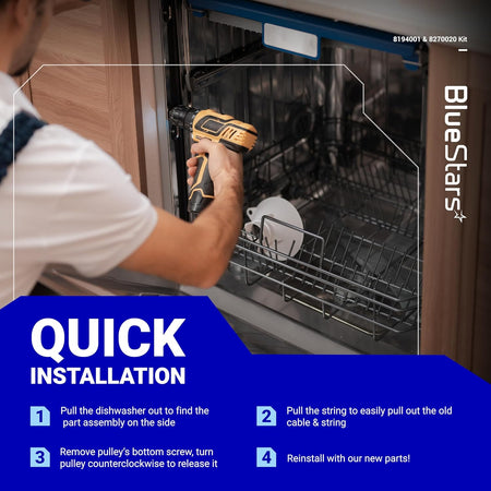 Technician installing dishwasher door balance link kit and spring with drill, showing quick installation steps.