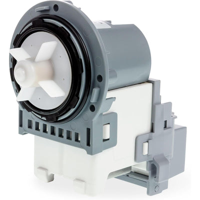 DC31-00054D washer drain pump motor, front three-quarter view showing impeller and mounting housing