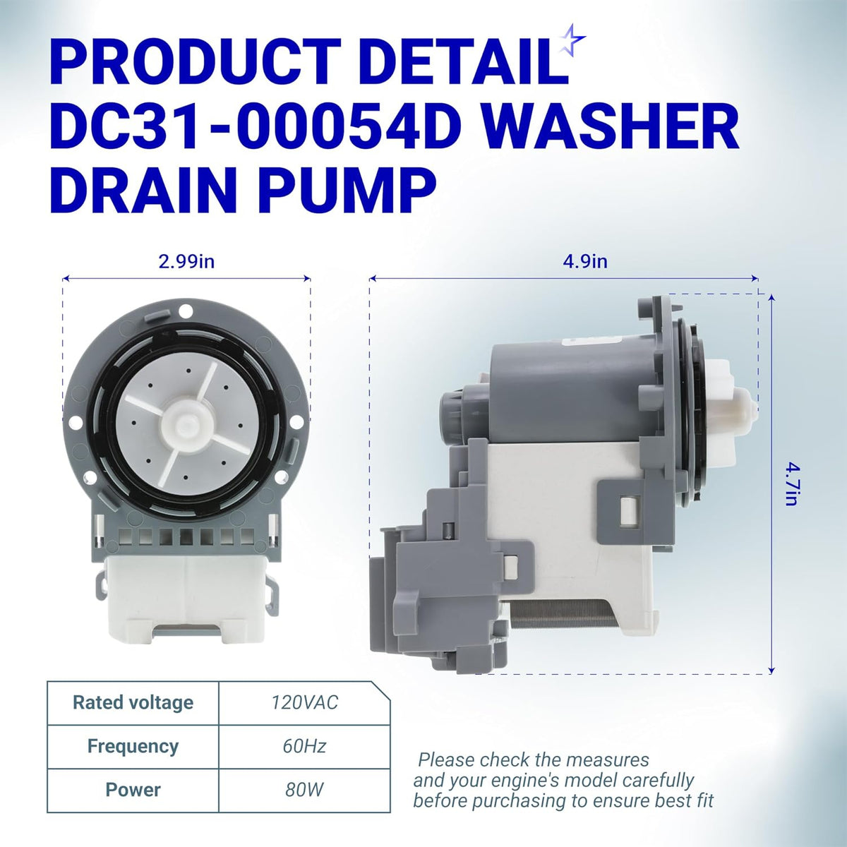 DC31-00054D washer drain pump, front and side views with 2.99 x 4.9 x 4.71in dimensions