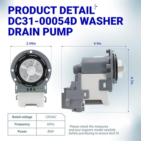 DC31-00054D washer drain pump, front and side views with 2.99 x 4.9 x 4.71in dimensions