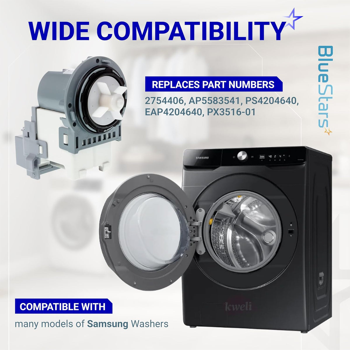 DC31-00054D washer drain pump motor shown beside an open Samsung front-load washer with compatibility text