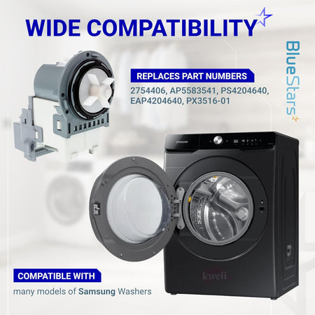 DC31-00054D washer drain pump motor shown beside an open Samsung front-load washer with compatibility text