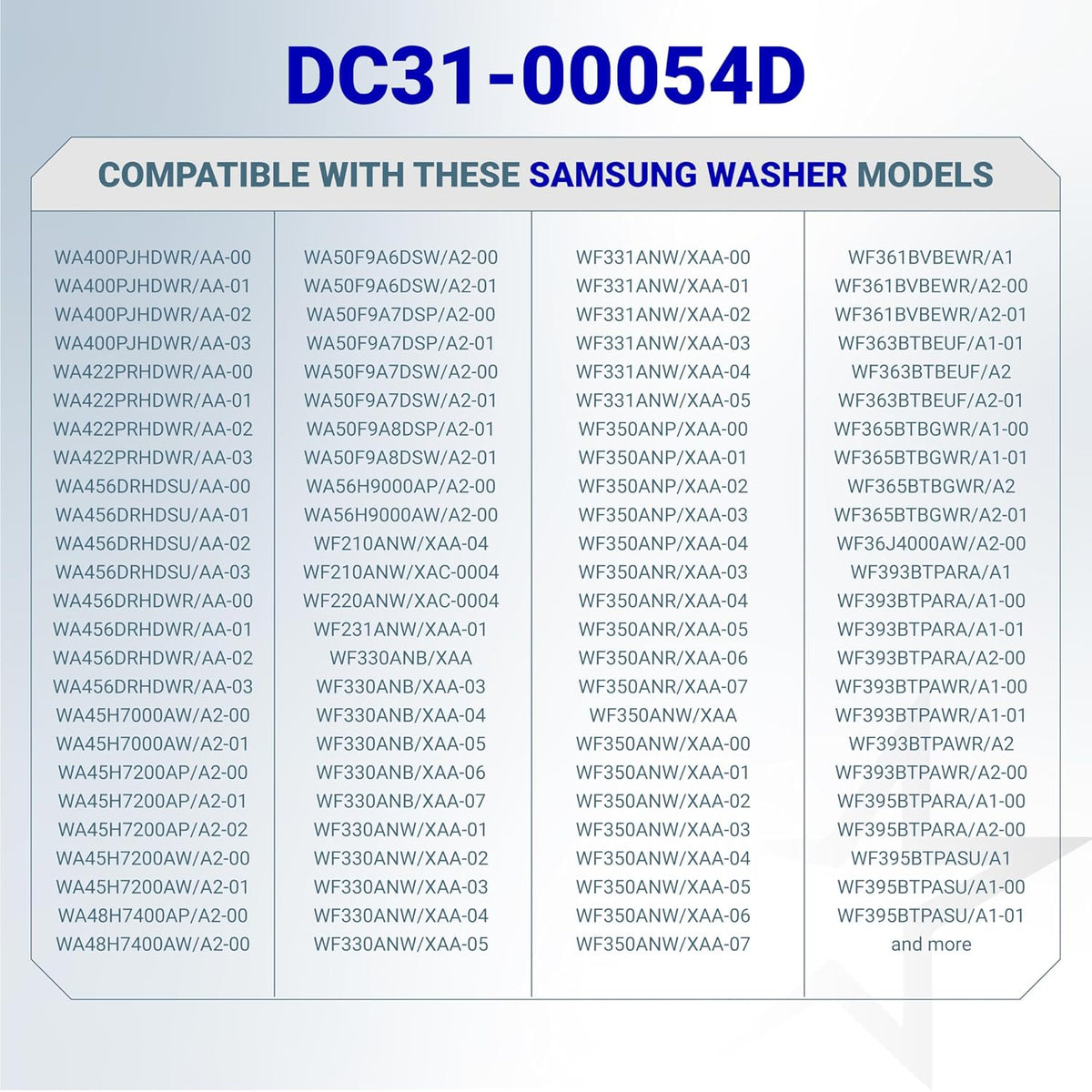 DC31-00054D washer drain pump motor compatibility chart listing Samsung washer models