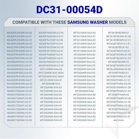 DC31-00054D washer drain pump motor compatibility chart listing Samsung washer models