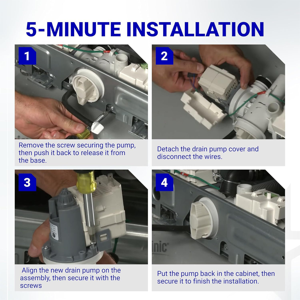 DC31-00054D washer drain pump motor, four-step installation guide showing pump removal, wiring, replacement, and securing