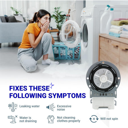 DC31-00054D washer drain pump motor with symptom graphic showing leaks, noise, no draining, poor cleaning, and no spin