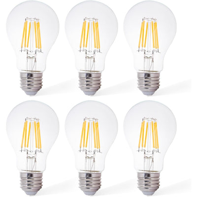 Pack of six 12V A19 LED filament light bulbs with E26 base and clear glass design.