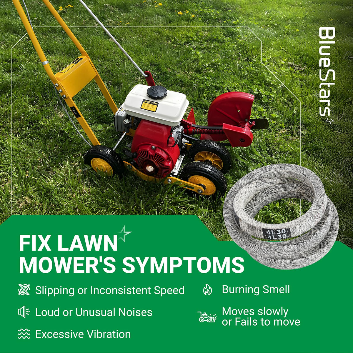 4L-300 drive belt for McLane edger shown with lawn mower and symptoms of a worn belt.