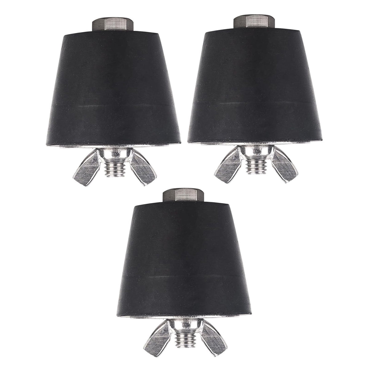 Set of three 1.5-inch rubber pool winterizing expansion plugs with stainless steel wing nuts.