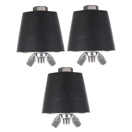 Set of three 1.5-inch rubber pool winterizing expansion plugs with stainless steel wing nuts.
