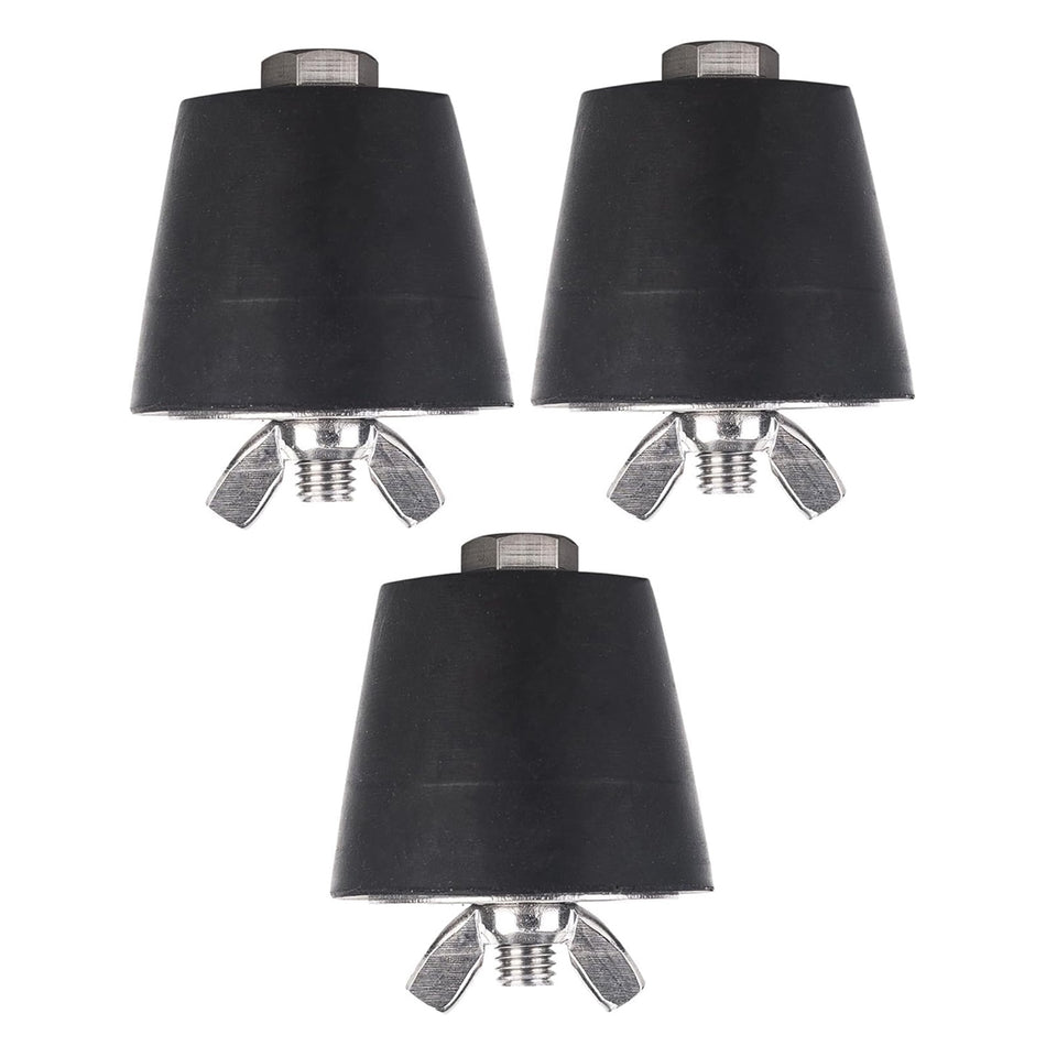 Set of three 1.5-inch rubber pool winterizing expansion plugs with stainless steel wing nuts.