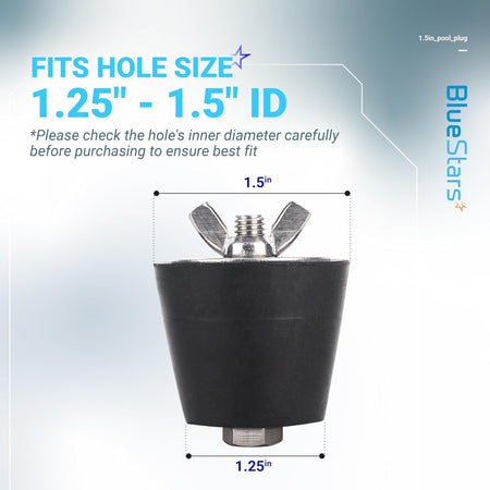 1.5-inch pool winterizing plug with wing nut showing 1.25-inch to 1.5-inch inner diameter compatibility.