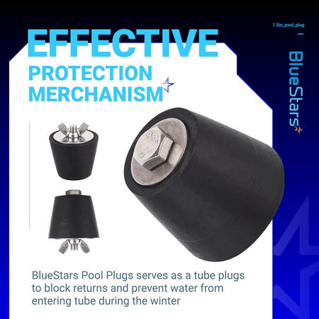 1.5-inch rubber pool winterizing plug with metal bolt and wing nut for pipe sealing.