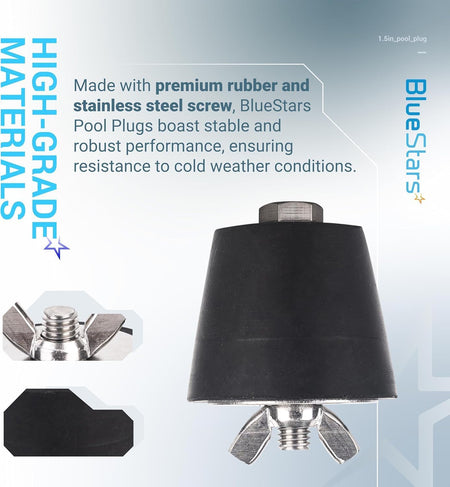 1.5-inch rubber pool winterizing plug with stainless steel wing nut and screw assembly.