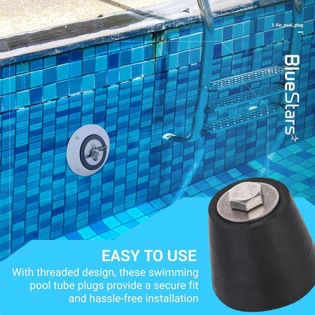 Close-up of a 1.5-inch rubber pool winterizing plug with a stainless steel bolt and washer.