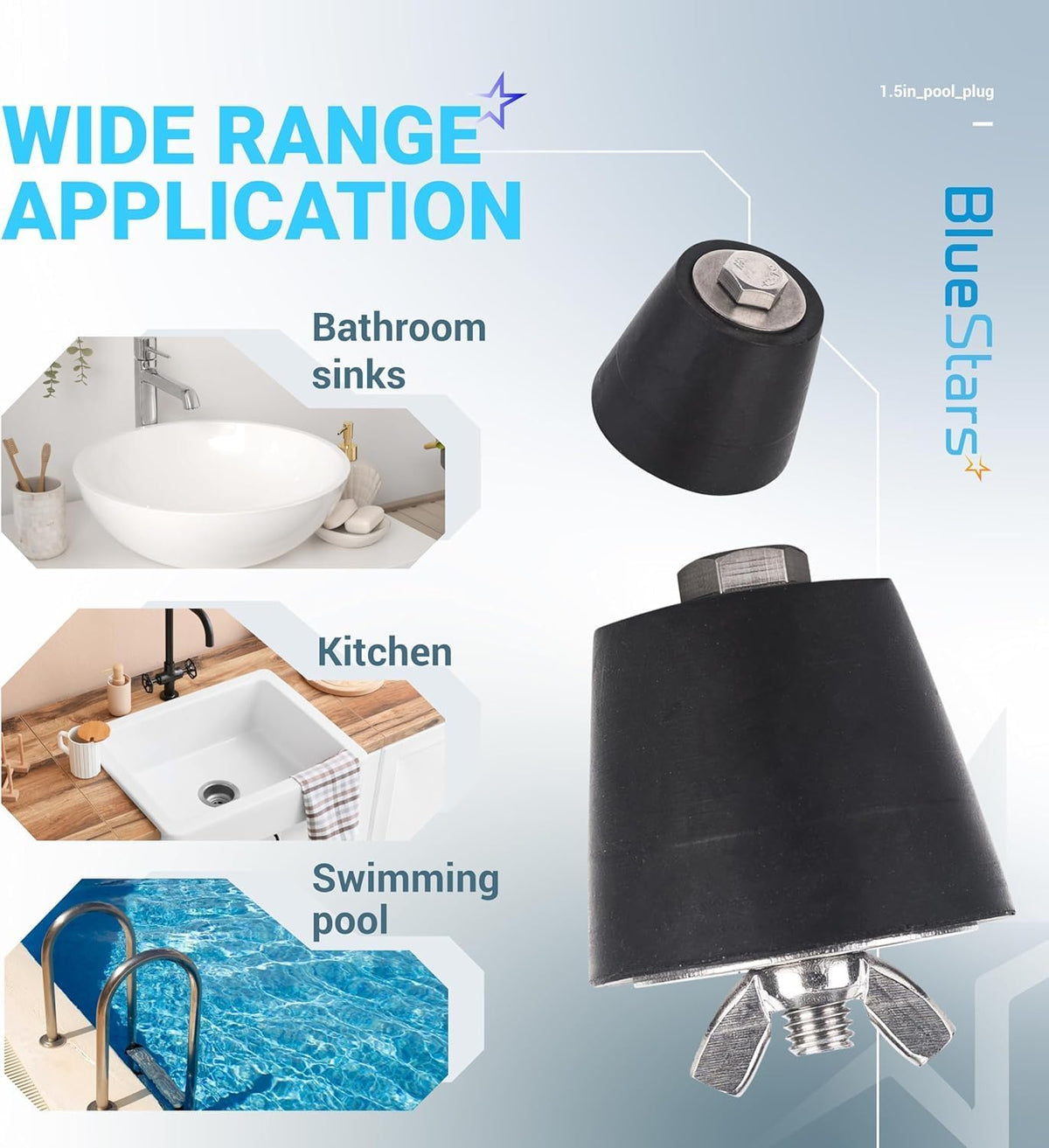 1.5-inch rubber winterizing plug with metal wing nut for pool pipes and sink drains.