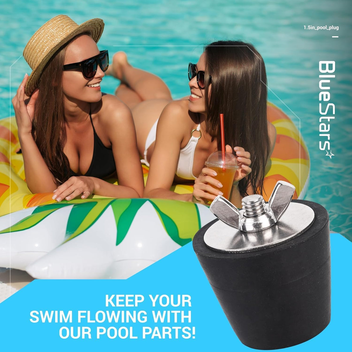 1.5-inch rubber pool winterizing plug with metal wing nut and washer for winter pool maintenance.