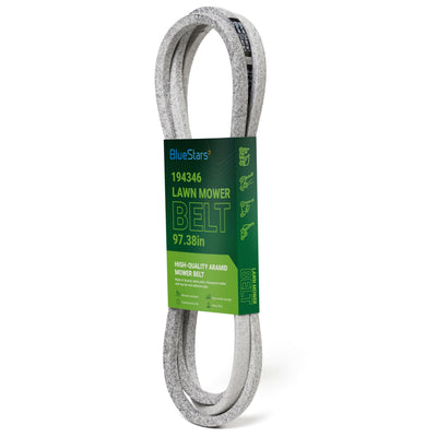 194346 lawn mower ground drive belt with BlueStars packaging label, 1/2 inch by 97 3/8 inch.